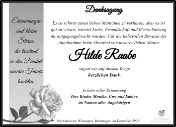 Traueranzeige von Hilde Raabe von Südthüringer Presse