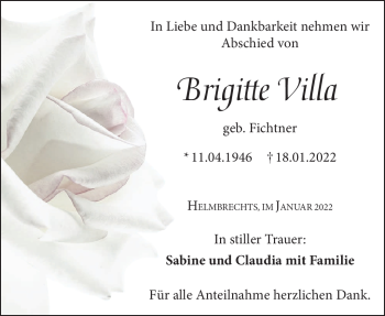 Traueranzeige von Brigitte Villa von Frankenpost