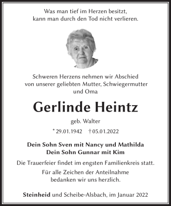 Traueranzeige von Gerlinde Heintz von Südthüringer Presse