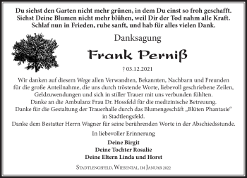 Traueranzeige von Frank Perniß von Südthüringer Presse