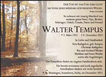 Traueranzeige von Walter Tempus von Südthüringer Presse