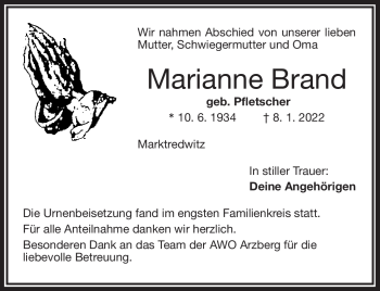 Traueranzeige von Marianne Brand von Frankenpost