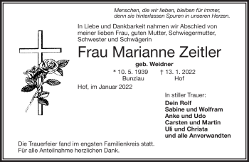 Traueranzeige von Marianne Zeitler von Frankenpost