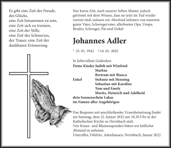 Traueranzeige von Johannes Adler von Südthüringer Presse