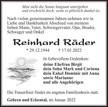 Traueranzeige von Reinhard Räder von Südthüringer Presse