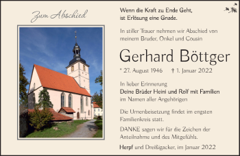 Traueranzeige von Gerhard Böttger von Südthüringer Presse