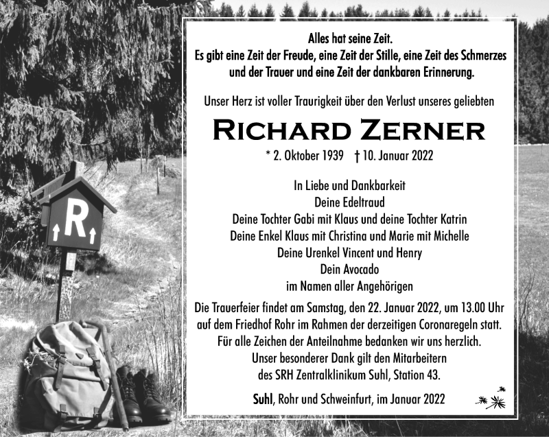  Traueranzeige für Richard Zerner vom 15.01.2022 aus Südthüringer Presse