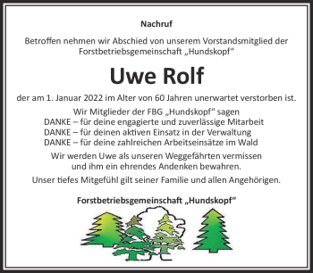 Traueranzeige von Uwe Rolf von Südthüringer Presse