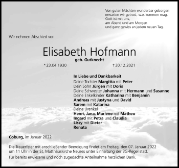 Traueranzeige von Elisabeth Hofmann von Neue Presse Coburg