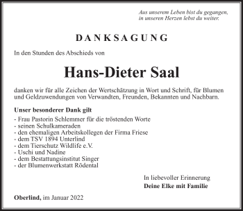 Traueranzeige von Hans-Dieter Saal von Südthüringer Presse
