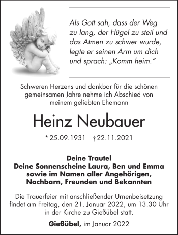 Traueranzeige von Heinz Neubauer von Südthüringer Presse