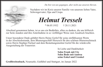 Traueranzeige von Helmut Tresselt von Südthüringer Presse