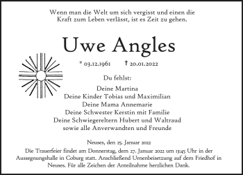 Traueranzeige von Uwe Angles von Neue Presse Coburg