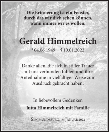 Traueranzeige von Gerald Himmelreich von Südthüringer Presse