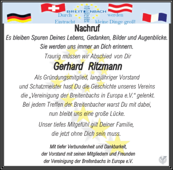 Traueranzeige von Gerhard Ritzmann von Südthüringer Presse