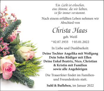 Traueranzeige von Christa Haas von Südthüringer Presse