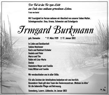 Traueranzeige von Irmgard Burkmann von Südthüringer Presse