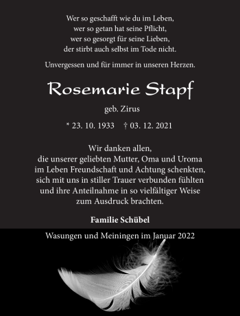 Traueranzeige von Rosemarie Stapf von Südthüringer Presse