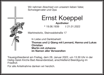 Traueranzeige von Ernst Koeppel von Frankenpost