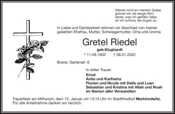 Traueranzeige von Gretel Riedel von Frankenpost