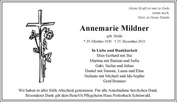 Traueranzeige von Annemarie Mildner von Frankenpost