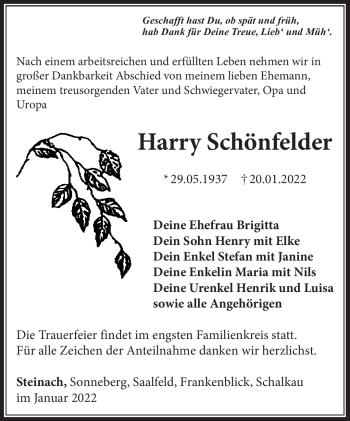 Traueranzeige von Harry Schönfelder von Südthüringer Presse