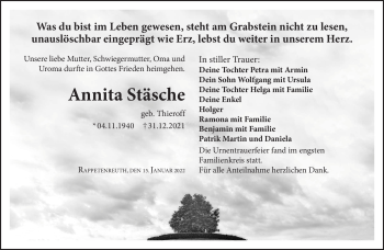 Traueranzeige von Annita Stäsche von Frankenpost