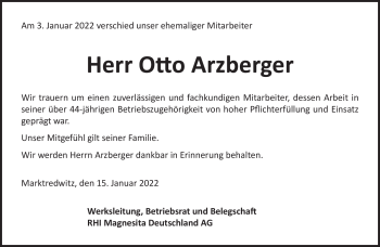 Traueranzeige von Otto Arzberger von Frankenpost