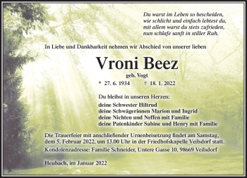 Traueranzeige von Vroni Beez von Südthüringer Presse