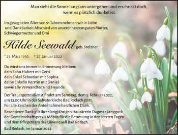 Traueranzeige von Hilde Seewald von Südthüringer Presse