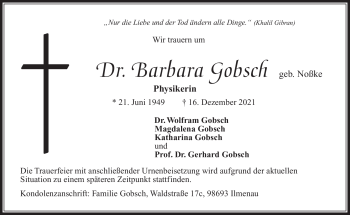 Traueranzeige von Barbara Gobsch von Südthüringer Presse