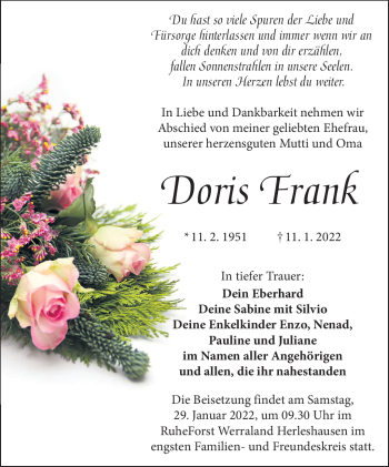 Traueranzeige von Doris Frank von Südthüringer Presse