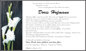 Traueranzeige von Doris Hofmann von Südthüringer Presse