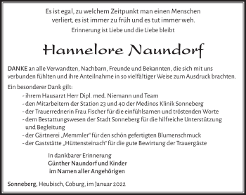 Traueranzeige von Hannelore Naundorf von Südthüringer Presse