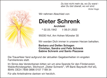 Traueranzeige von Dieter Schrenk von Frankenpost