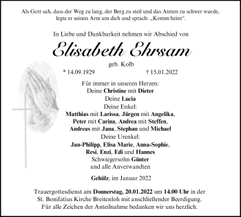 Traueranzeige von Elisabeth Ehrsam von Neue Presse Coburg