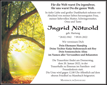 Traueranzeige von Ingrid Nötzold von Südthüringer Presse