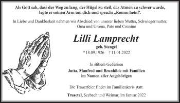 Traueranzeige von Lilli Lamprecht von Südthüringer Presse