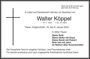 Traueranzeige von Walter Köppel von Frankenpost