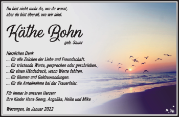 Traueranzeige von Käthe Bohn von Südthüringer Presse