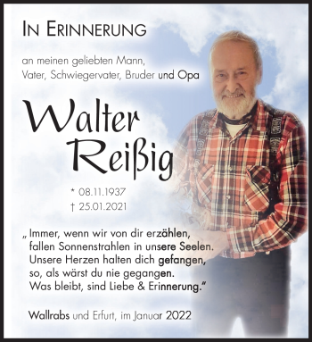 Traueranzeige von Walter Reißig von Südthüringer Presse