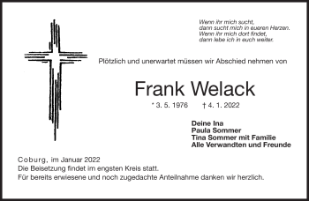 Traueranzeige von Frank Welack von Neue Presse Coburg