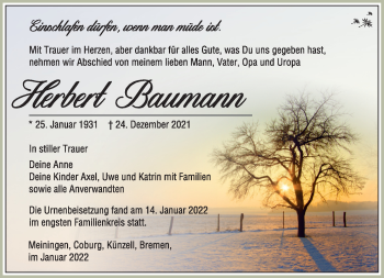 Traueranzeige von Herbert Baumann von Südthüringer Presse