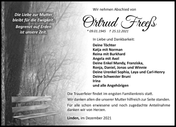 Traueranzeige von Ortrud Freeß von Südthüringer Presse