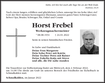 Traueranzeige von Horst Frebel von Südthüringer Presse