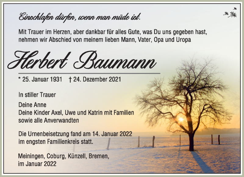  Traueranzeige für Herbert Baumann vom 15.01.2022 aus Südthüringer Presse
