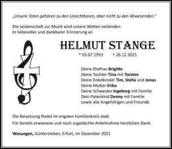 Traueranzeige von Helmut Stange von Südthüringer Presse