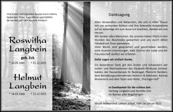Traueranzeige von RoswithaHelmut LangbeinLangbein von Südthüringer Presse