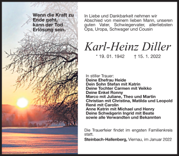 Traueranzeige von Karl-Heinz Diller von Südthüringer Presse