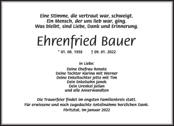 Traueranzeige von Ehrenfried Bauer von Südthüringer Presse
